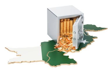 Pakistan, güvenlik Kasası harita üzerinde altın sikke ile 3d render