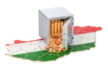 Macaristan, güvenlik Kasası harita üzerinde altın sikke ile 3d render