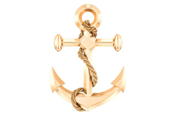 Golden anchor with rope, 3D rendering — Stock Photo, Image