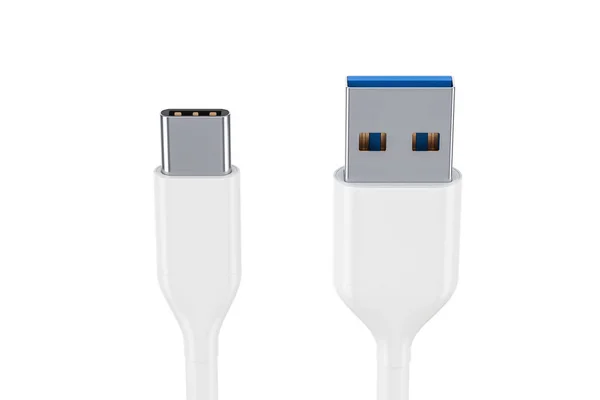 Cavo dati di ricarica USB-C bianco, tipo C maschio al tipo A maschio. 3D — Foto Stock