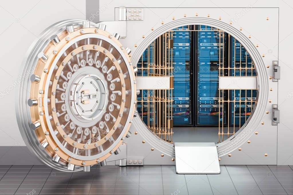 Server racks inside bank vault. Security and protection concept,