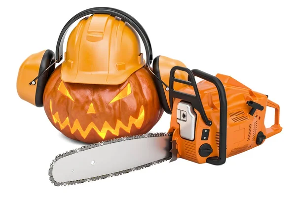 Halloween pumpkin with hardhat, ear defenders and chainsaw, 3D r