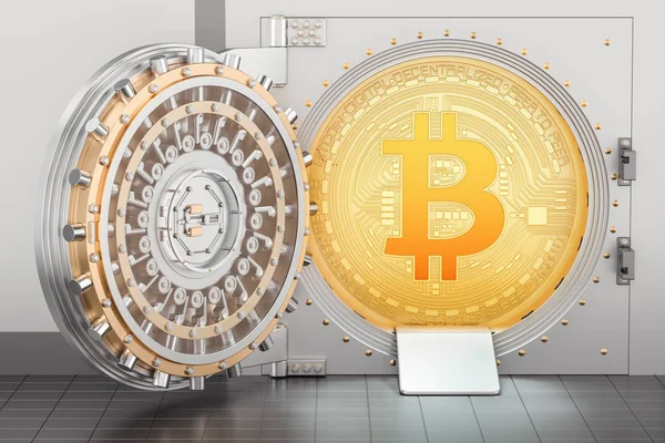 Opened bank vault with bitcoin, 3D rendering — Stock Photo, Image