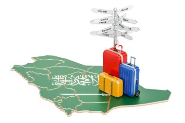 Suudi Arabistan seyahat kavramı. Bavul ile haritada bayrak ve kayıt