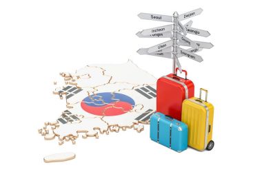 Güney Kore seyahat kavramı. Bavul ve signp ile haritada bayrak