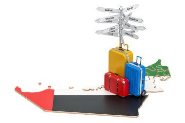 BAE seyahat kavramı. Suitca ile harita Birleşik Arap Emirlikleri bayrağı