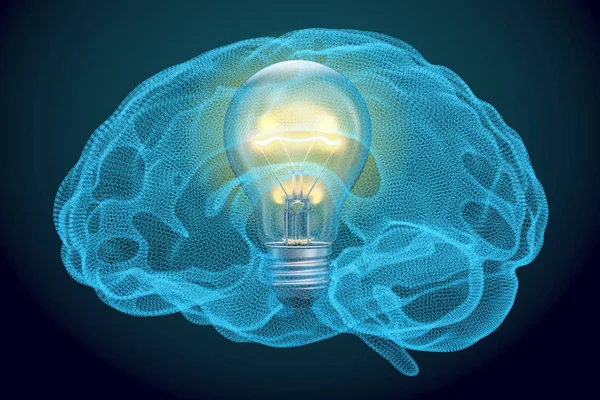 Ampoule dans le cerveau, concept d'idée. rendu 3D — Photo