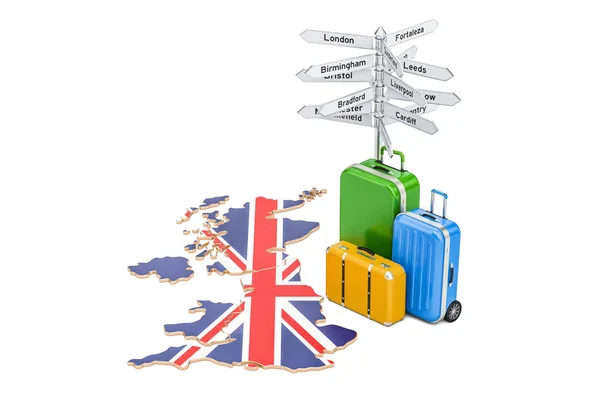 Ηνωμένο Βασίλειο έννοια του ταξιδιού. Βρετανική σημαία στο χάρτη με βαλίτσα — Φωτογραφία Αρχείου