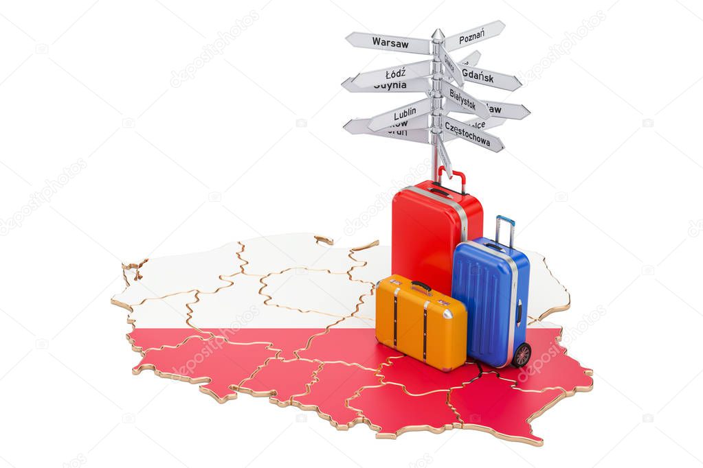Poland travel concept. Polish flag on map with suitcases and sig