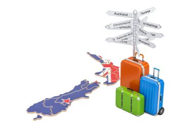 Yeni Zelanda seyahat kavramı. Bavul ve yön tabelası, 3d harita 