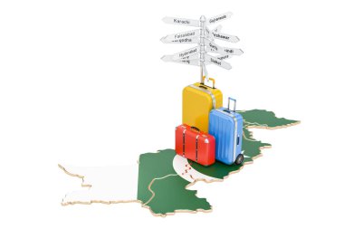 Pakistan seyahat kavramı. Bavul ve signpo ile Pakistan Haritası