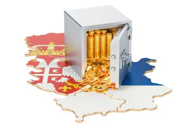 Sırbistan, güvenlik Kasası harita üzerinde altın sikke ile 3d render