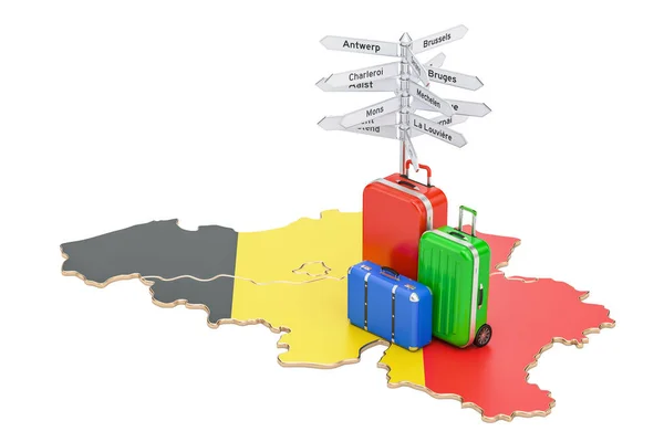 Belgio concetto di viaggio. Mappa belga con valigie e segnaletica , — Foto Stock