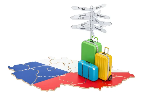 Tsjechische Republiek reizen concept. Kaart met koffers en wegwijzer, — Stockfoto