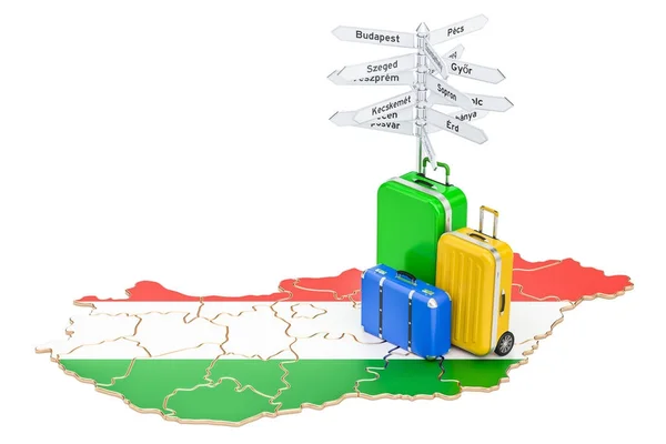 ハンガリー旅行の概念。スーツケースと signpos ハンガリーの地図 — ストック写真