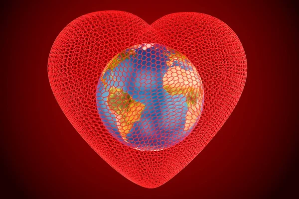 Серце з глобусом Земля всередині концепції, 3D рендеринг — стокове фото