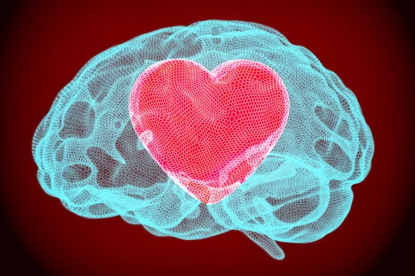 Coeur dans le cerveau, concept d'amour intelligent. rendu 3D — Photo