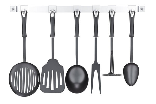 Set of kitchen utensils on a kitchen hook strip, 3D rendering