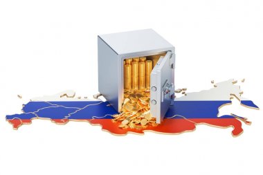 Rusya, güvenlik Kasası harita üzerinde altın sikke ile 3d render