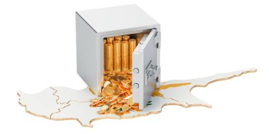 Kıbrıs, güvenlik Kasası harita üzerinde altın sikke ile 3d render