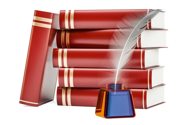 Montón de libros con pluma y botella de tinta, representación 3D — Foto de Stock