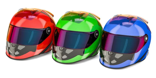 Sada barevných závodní helmy, vykreslování 3d objektů — Stock fotografie