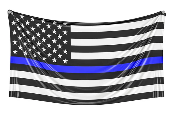 Thin Blue Line. Black Flag van de V.s. met politie blauwe lijn hangende — Stockfoto