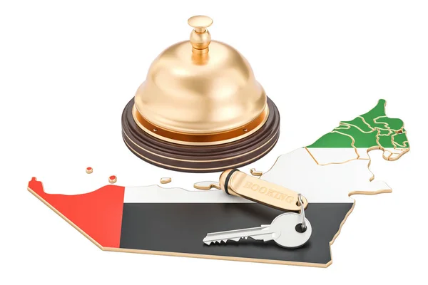 Conceito de reserva dos EAU. Bandeira dos Emirados Árabes Unidos com chave de hotel e — Fotografia de Stock