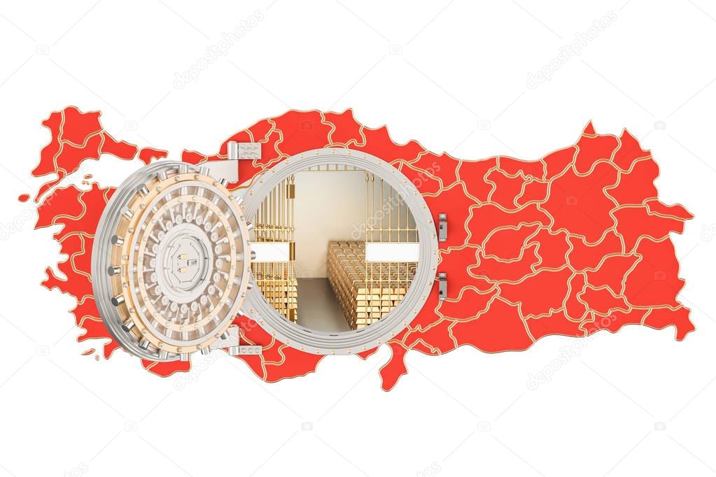 Golden reserves of Turkey concept, banking vault with gold bars.