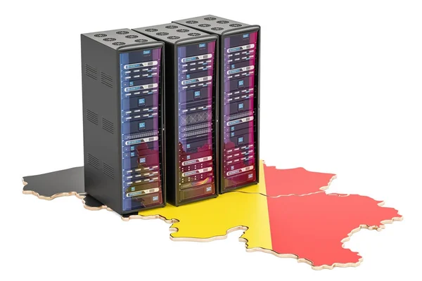 Bastidores de servidores del centro de datos en concepto de Bélgica, renderizado 3D —  Fotos de Stock