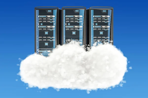 Bastidores de servidor con nubes, renderizado 3D — Foto de Stock