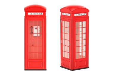 Kırmızı telefon kutuları, ön ve yan görünümü, 3d render
