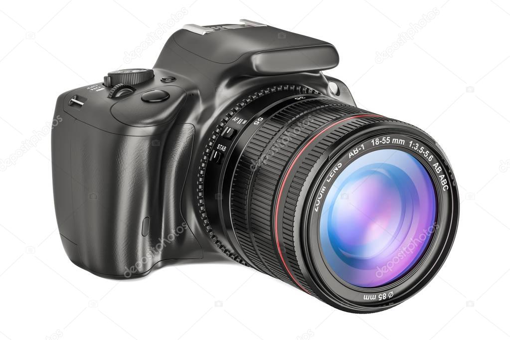 Digital single-lens reflex camera, closeup. 3D rendering