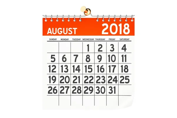 Calendário de agosto 2018, renderização 3D — Fotografia de Stock