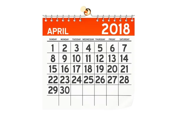 April 2018 calendar, 3D rendering — Stock Photo, Image