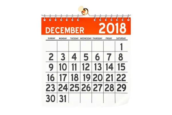 December 2018 kalender, 3D-rendering — Stockfoto