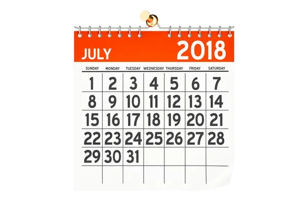 Julho 2018 calendário, renderização 3D — Fotografia de Stock