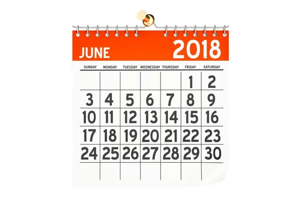 Junho 2018 calendário, renderização 3D — Fotografia de Stock