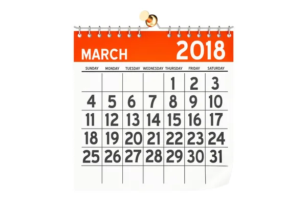Март 2018 календарь, 3D рендеринг — стоковое фото
