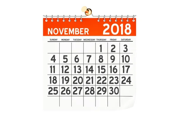 Listopada 2018 kalendarza, renderowania 3d — Zdjęcie stockowe