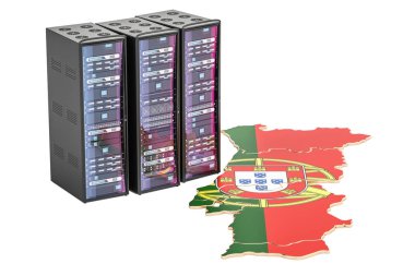 Portekiz kavramı, 3d render veri merkezi sunucu rafları 