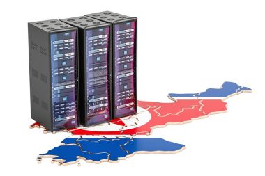 Kuzey Kore kavramı, 3d render veri merkezi sunucu rafları 