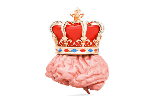 Brain with golden royal crown, 3D rendering