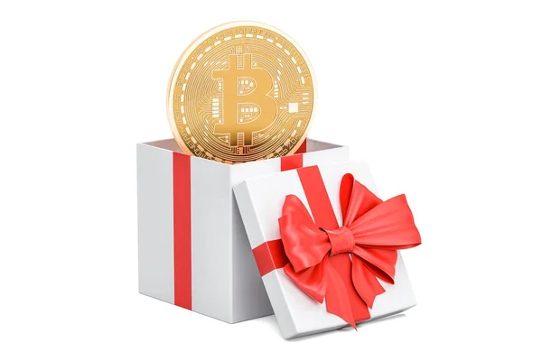 Κουτί δώρου με bitcoin σύμβολο, έννοια δώρων. 3D rendering — Φωτογραφία Αρχείου