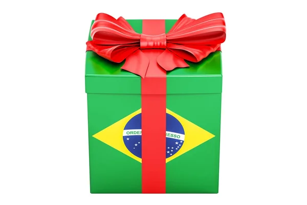 Dárková krabice s vlajkou z Brazílie, dovolená concept. 3D vykreslování — Stock fotografie