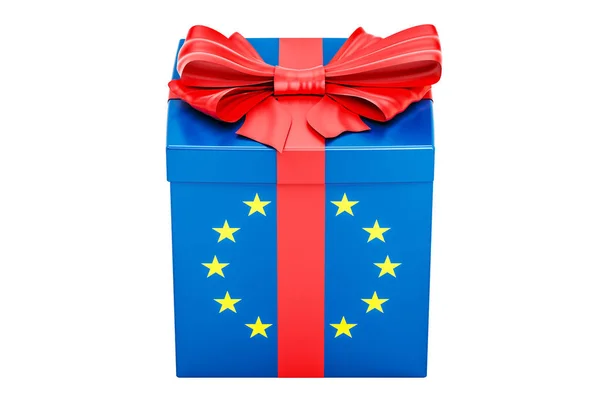 유럽 연합, 휴일 개념의 국기와 함께 선물 상자. 3d 렌더링 — 스톡 사진