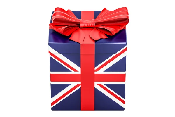 Dárková krabice s vlajkou Velké Británie, dovolená concept. 3D renderi — Stock fotografie