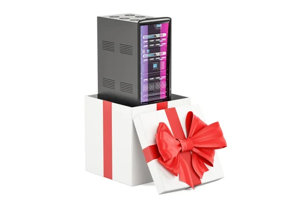 Server rack inside gift box, gift concept. 3D rendering