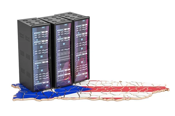 Bastidores de servidores de centro de datos en concepto de Puerto Rico, renderizado 3D — Foto de Stock
