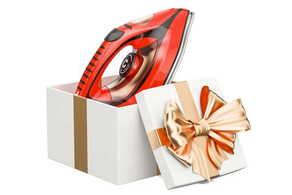 Δώρο ιδέα, ηλεκτρικό σίδερο ατμού μέσα σε κουτί δώρου. 3D rendering — Φωτογραφία Αρχείου